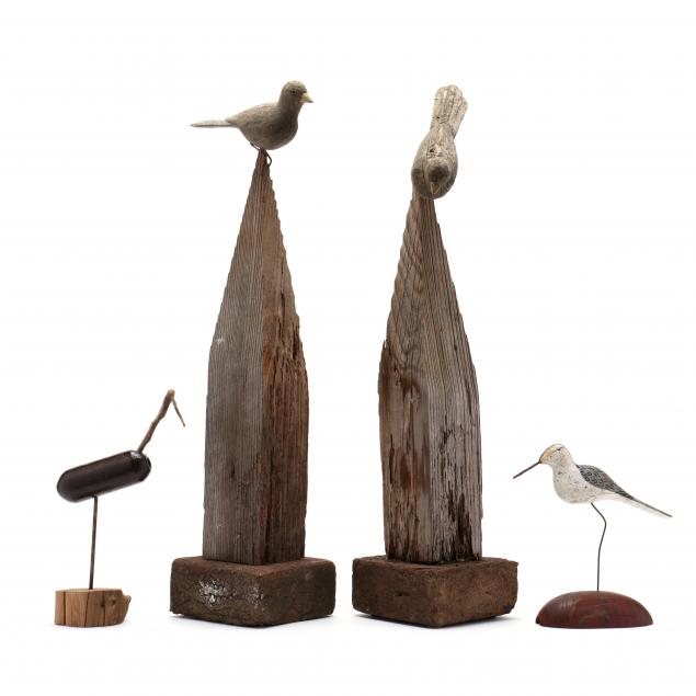 two-shorebird-decoys-and-two-carved-songbirds-with-stands