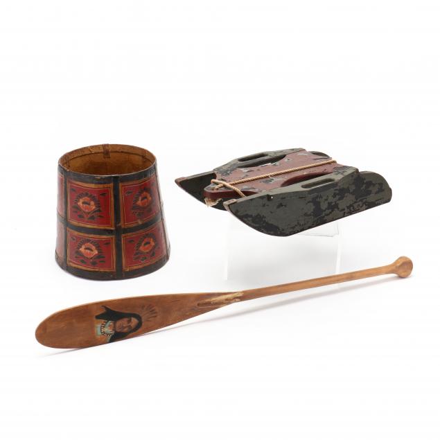 painted-wooden-bucket-miniature-canoe-paddle-and-toy-sled