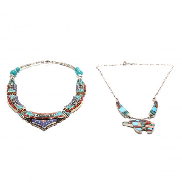 two-silver-and-gem-set-tribal-necklaces