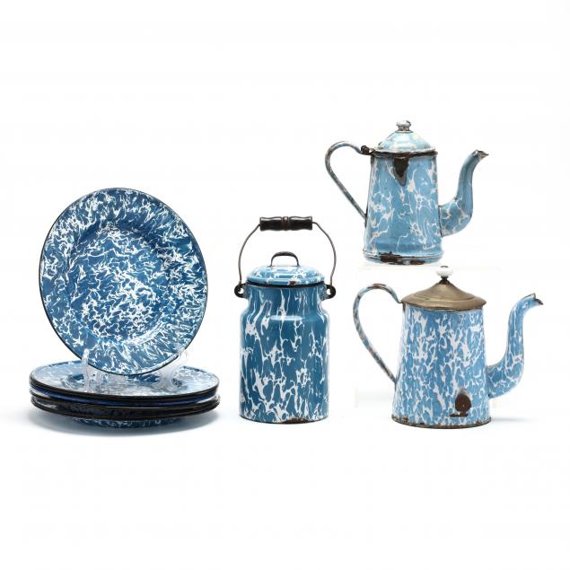 a-group-of-ten-enamel-graniteware-items