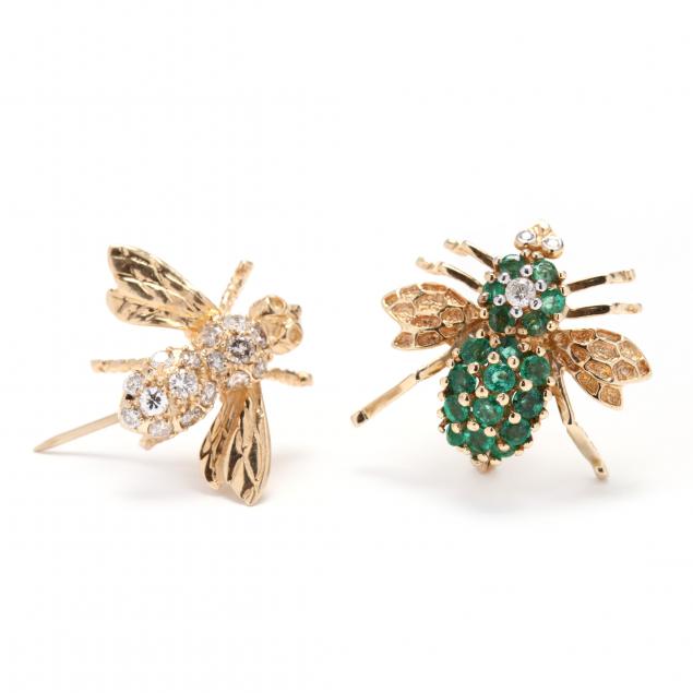 two-gold-and-gem-set-bee-brooches