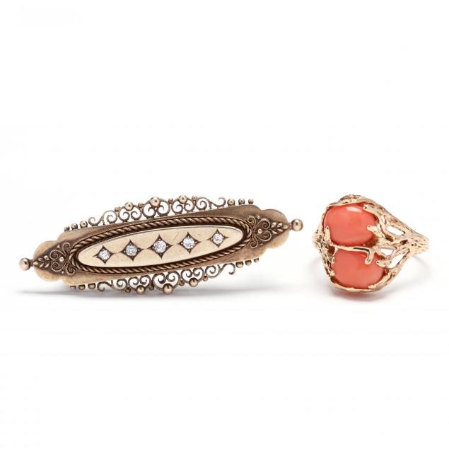 14kt-gold-and-coral-ring-and-an-antique-15kt-gold-and-diamond-brooch