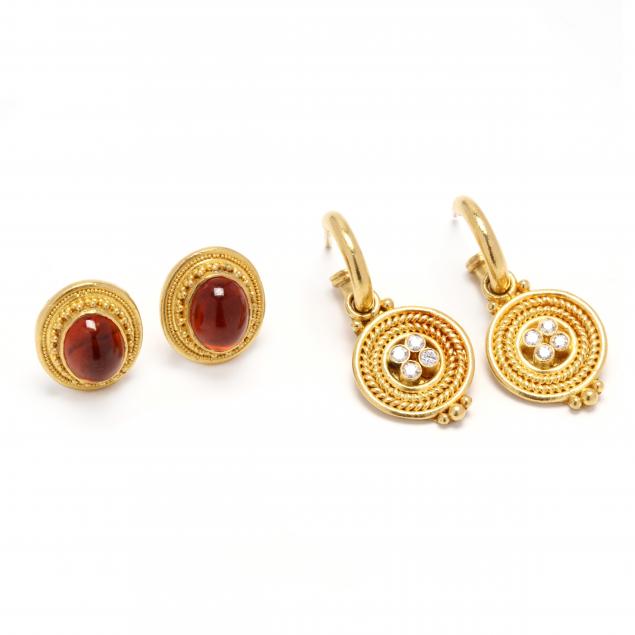 two-pairs-of-22kt-gold-and-gem-set-earrings-bikakis-johns