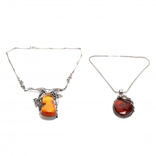 two-silver-and-amber-necklaces