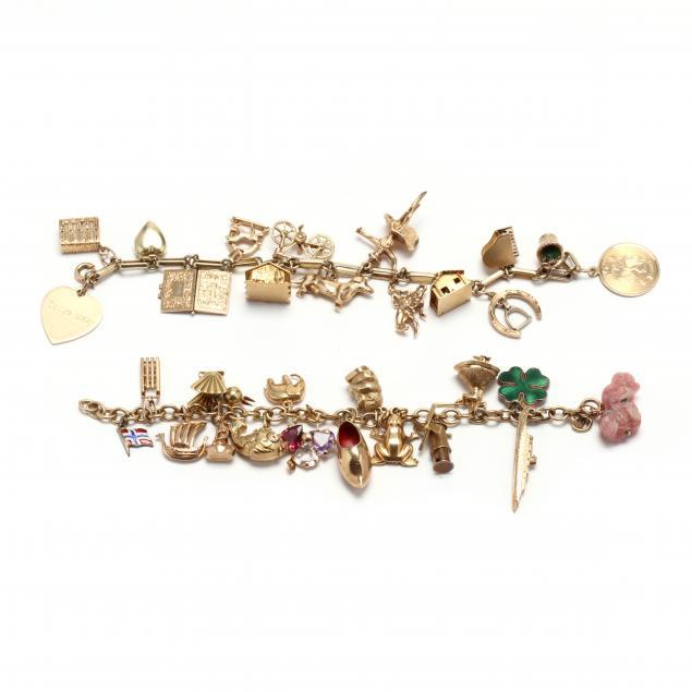 two-vintage-gold-and-gem-set-charm-bracelets