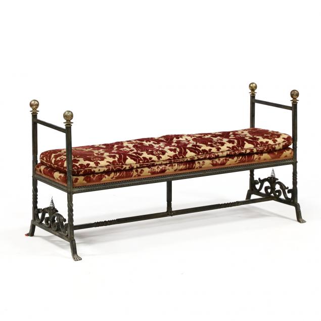 a-vintage-spanish-iron-and-brass-upholstered-bench