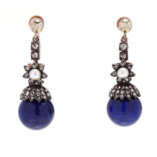 pair-of-antique-silver-topped-rose-gold-diamond-pearl-and-lapis-lazuli-dangle-earrings