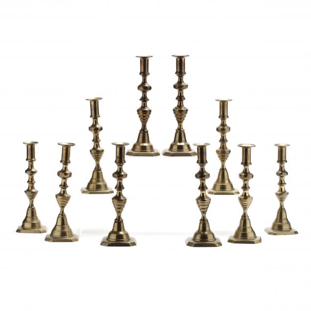 an-assembled-set-of-ten-antique-brass-beehive-diamond-candlesticks