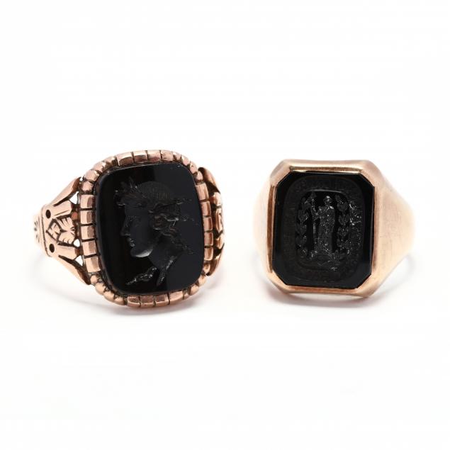 two-gold-and-gem-set-intaglio-rings