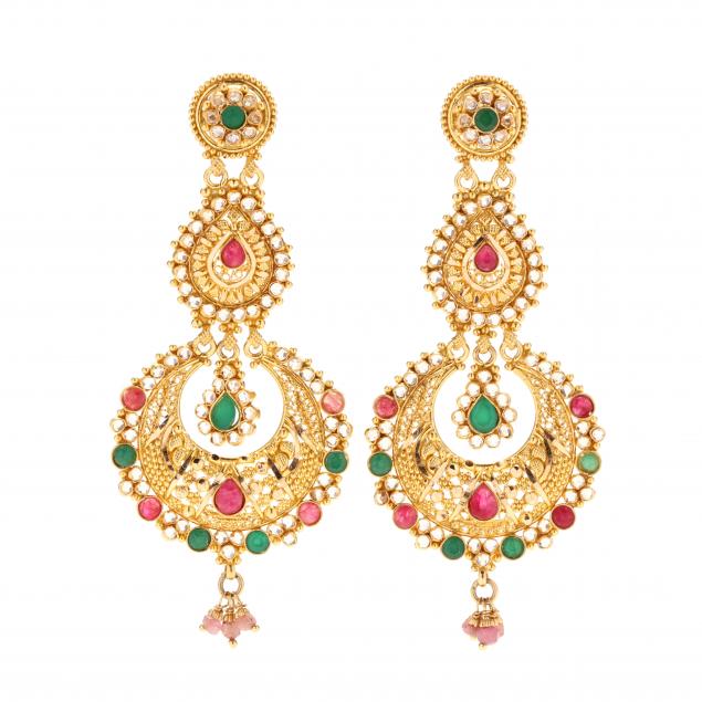 22KT Gold Gem-Set Dangle Earrings, India (Lot 1083 - Estate Jewelry ...