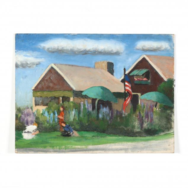 florence-harris-von-schlegell-nc-1894-1972-view-of-a-cottage-and-flag