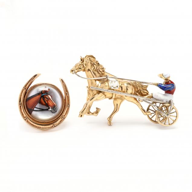 two-gold-equestrian-brooches