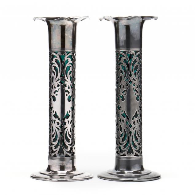 pair-of-tall-silverplate-teal-glass-vases