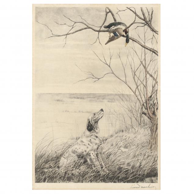 leon-danchin-french-1887-1939-i-english-setter-and-duck-in-a-tree-i