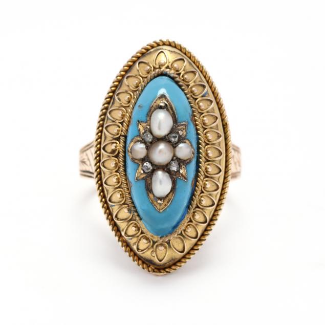 vintage-gold-enamel-and-pearl-navette-ring