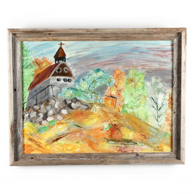 mid-century-painting-of-a-chapel-sandia-mountains-new-mexico