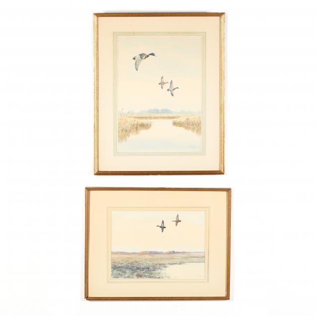 john-sudy-ny-1880-1960-two-framed-paintings-of-mallards-in-flight
