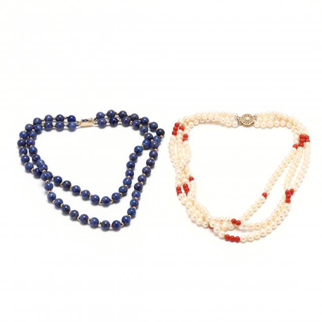 a-pearl-and-coral-necklace-and-a-lapis-bead-necklace
