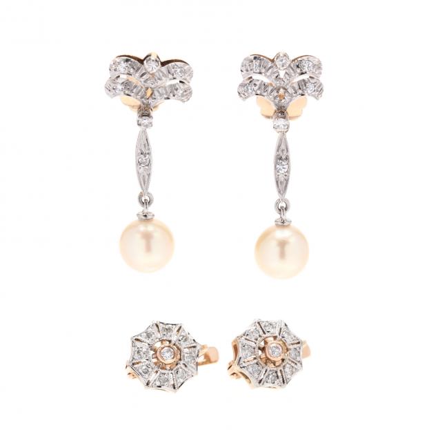 two-pairs-of-gold-and-diamond-earrings
