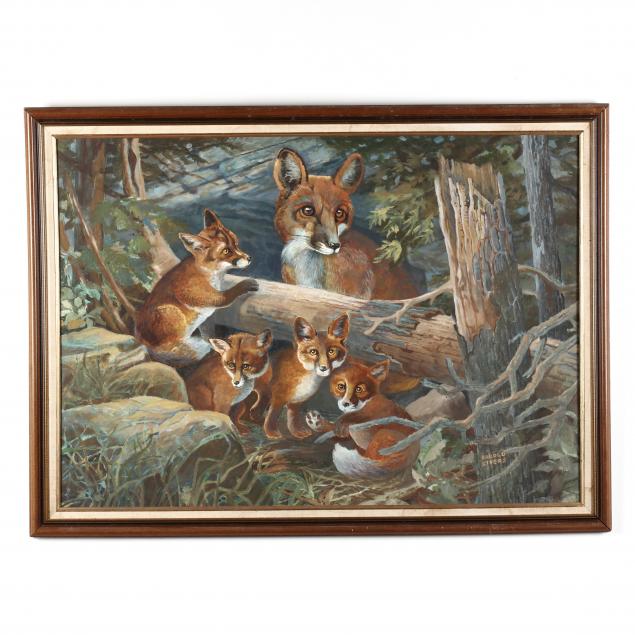 harold-styers-nc-1920-2010-vixen-with-pups-in-a-forest-interior