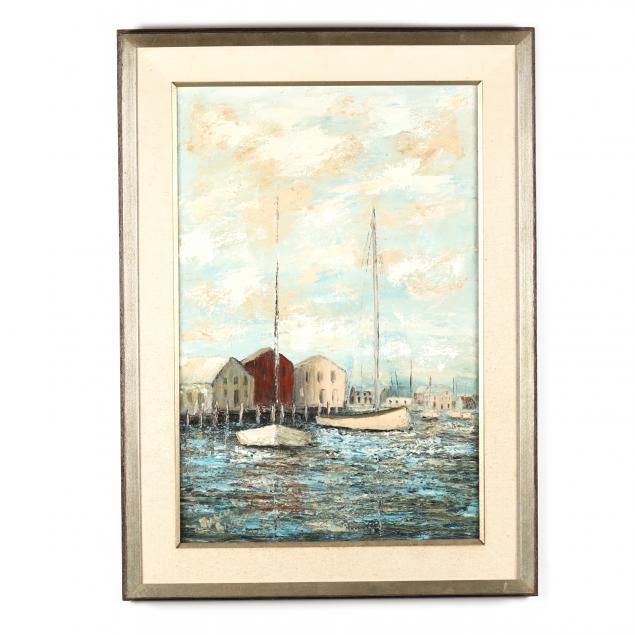 mid-century-painting-of-a-sailboat-harbor