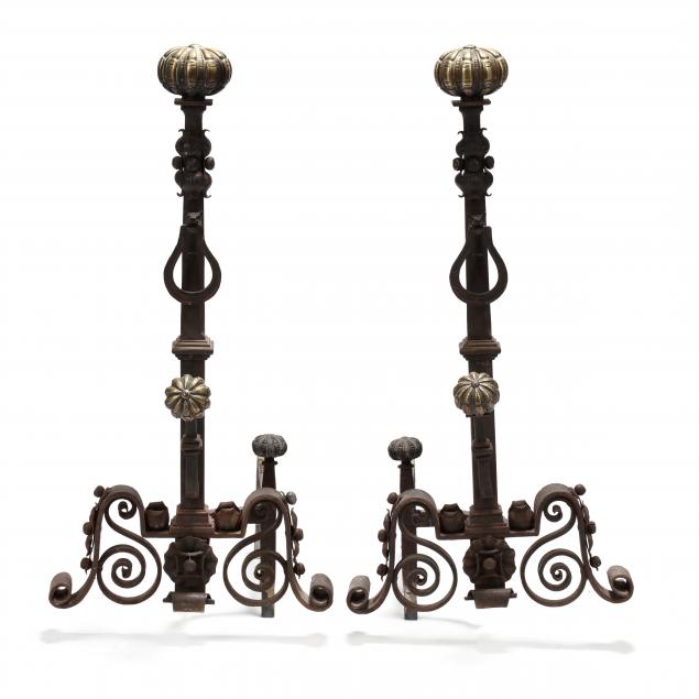 a-large-pair-of-antique-continental-iron-and-brass-andirons