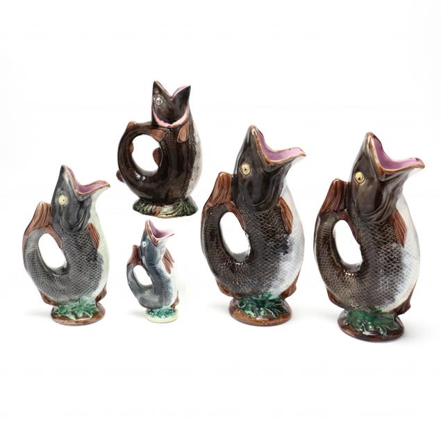 five-majolica-gurgling-fish-pitchers