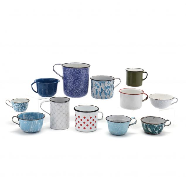 twelve-assorted-graniteware-cups-and-mugs