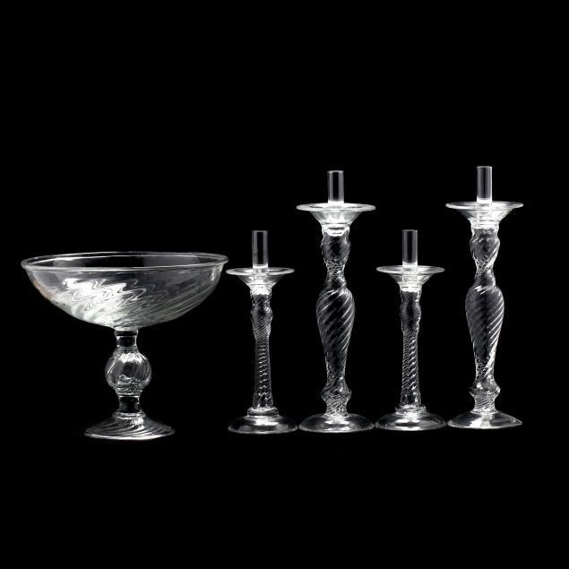 contemporary-swirl-glass-candle-sticks-and-center-compote
