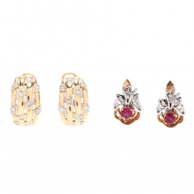 two-pairs-of-gold-and-gem-set-earrings