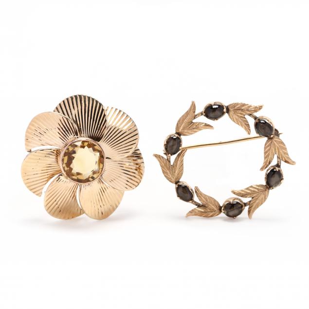 two-vintage-gold-and-gem-set-brooches