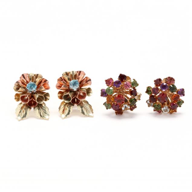 two-pairs-of-gold-and-gem-set-earrings