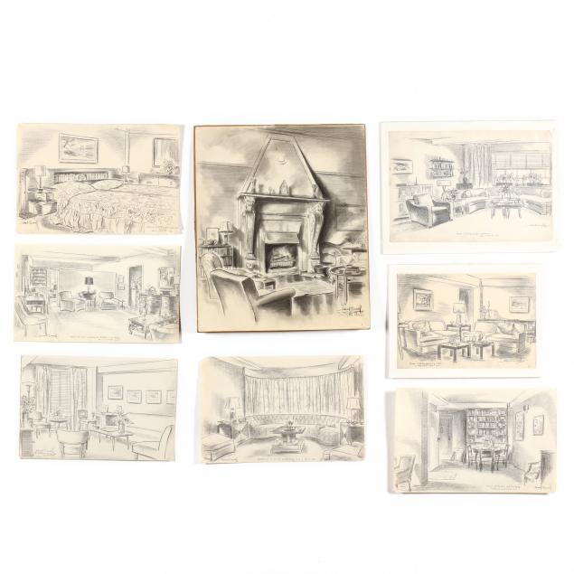 edward-c-caswell-ny-1879-1963-eight-vintage-drawings-of-new-york-city-interior-drawings