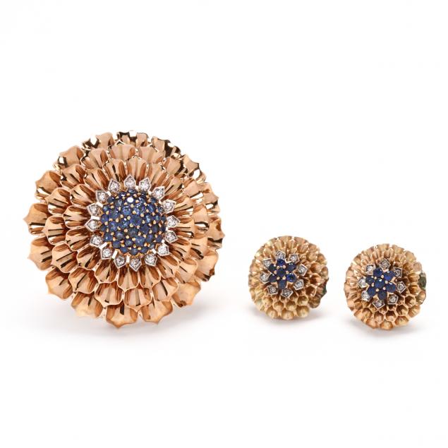 14kt-gold-sapphire-and-diamond-brooch-and-earrings