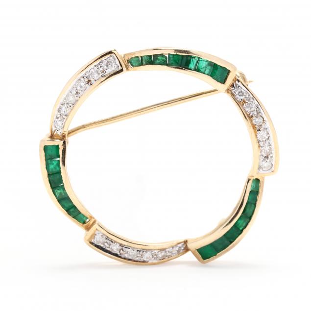 vintage-14kt-gold-diamond-and-emerald-circle-brooch