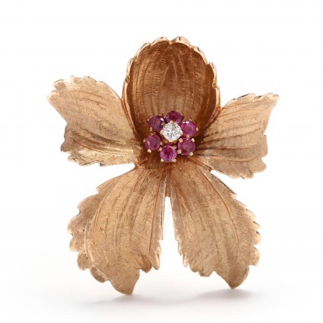 14kt-gold-and-gem-set-flower-motif-brooch