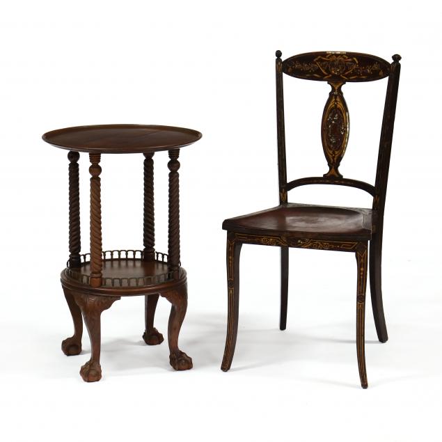 edwardian-carved-mahogany-circular-table-and-inlaid-side-chair