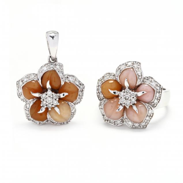 14kt-white-gold-and-gem-set-flower-motif-ring-and-pendant