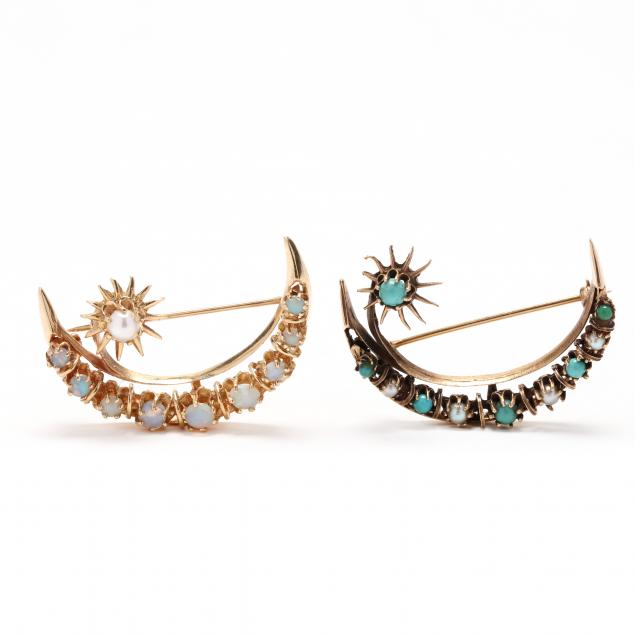 two-gold-and-gem-set-crescent-motif-brooches