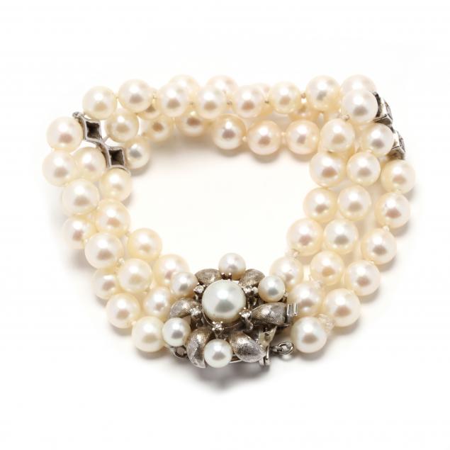 white-gold-multi-strand-pearl-and-diamond-bracelet