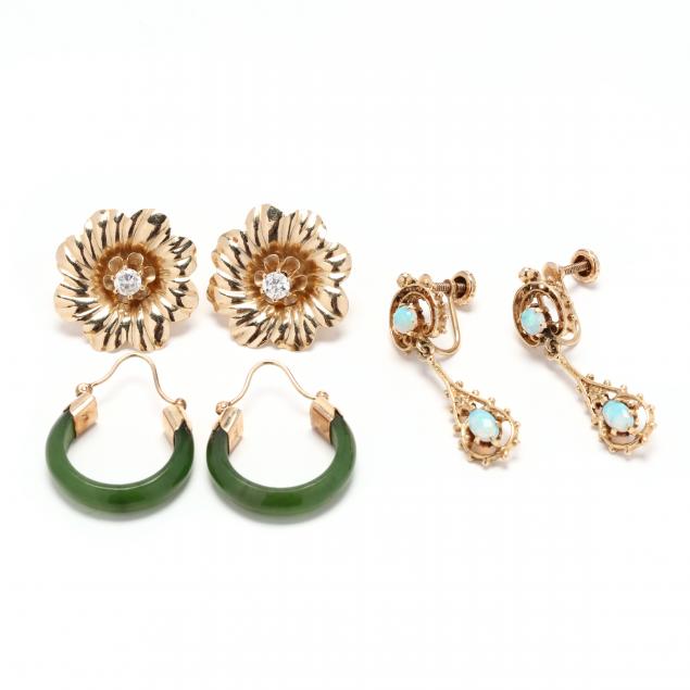 three-pairs-of-gold-and-gem-set-earrings