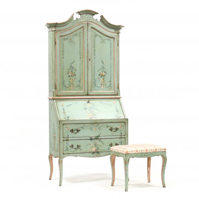 italian-painted-secretary-bookcase-with-stool-patina