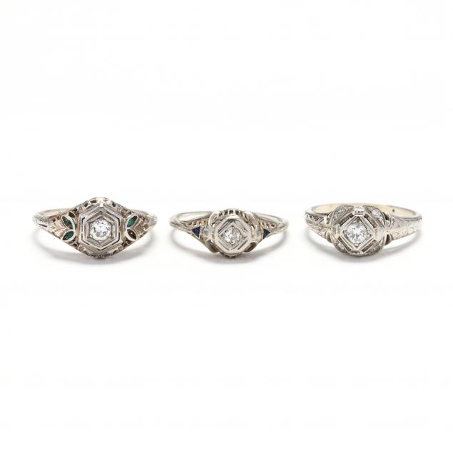 three-antique-white-gold-and-diamond-rings
