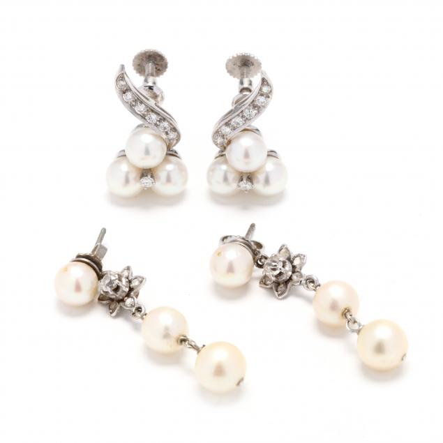 two-pairs-of-14kt-gold-pearl-and-diamond-earrings