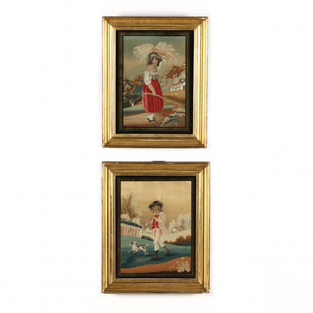 pair-of-antique-silk-and-watercolor-framed-needleworks