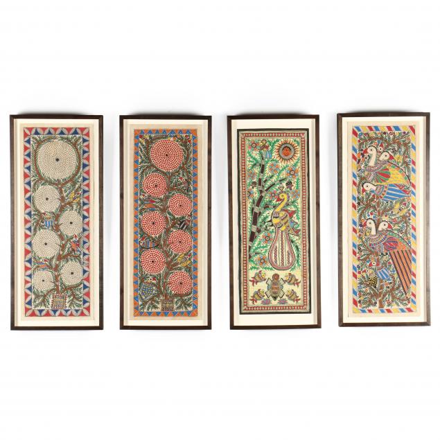 a-group-of-four-indian-madhubani-bird-and-flower-paintings