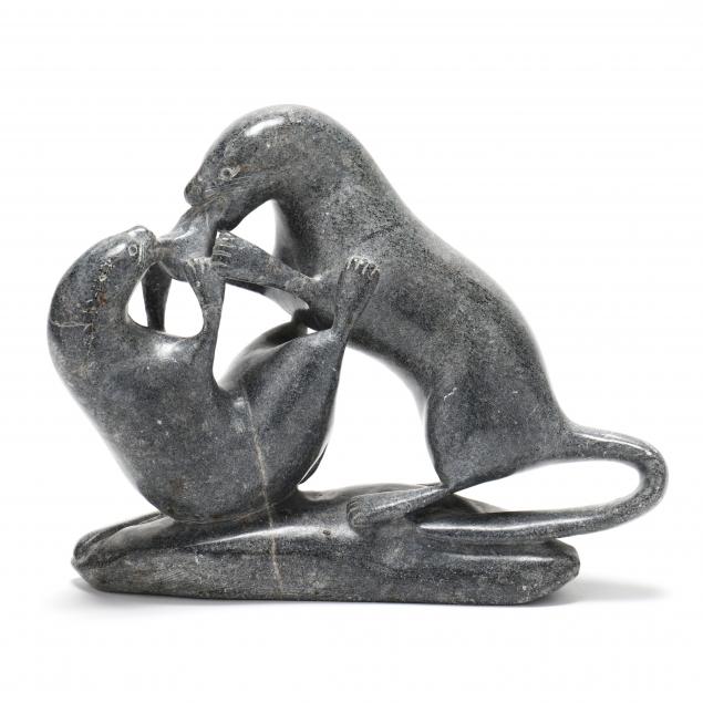 signed-inuit-soapstone-carving-of-otters-devouring-a-fish-head