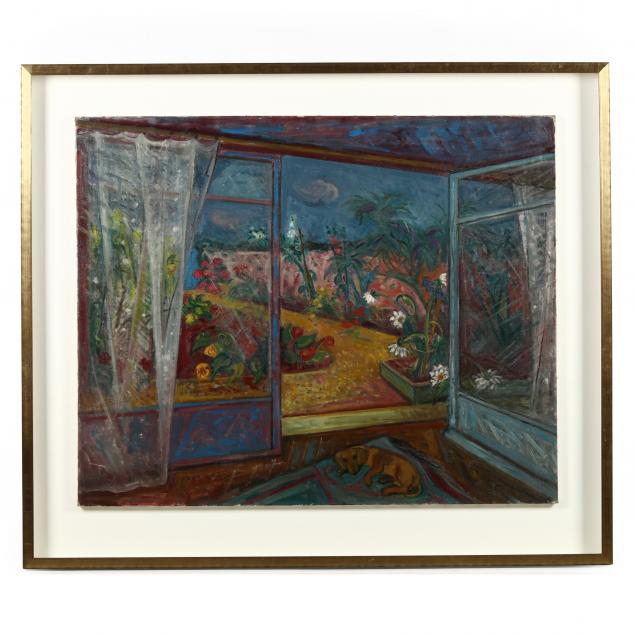jacques-lestrille-french-1904-1985-view-of-a-french-garden-with-sleeping-dachshund