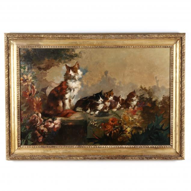 charles-paillet-french-1871-1937-mother-cat-and-kittens-in-a-flower-garden