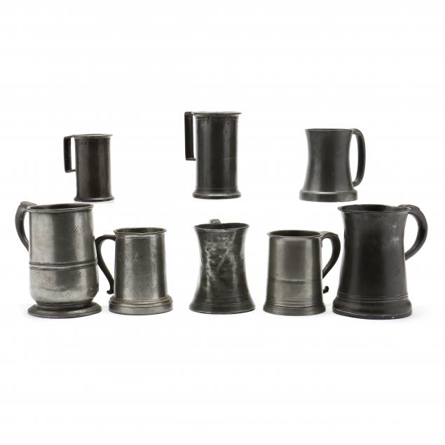 a-collection-of-eight-antique-pewter-tankards